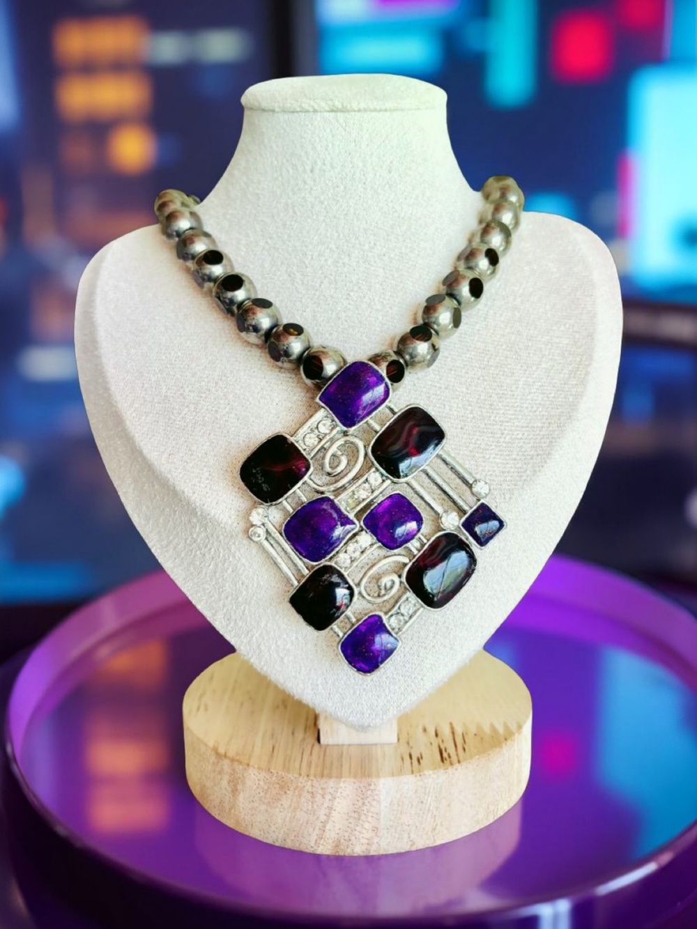 One-of-a-Kind Statement cyberpunk Purple and Black Pendant Necklace / magnetic